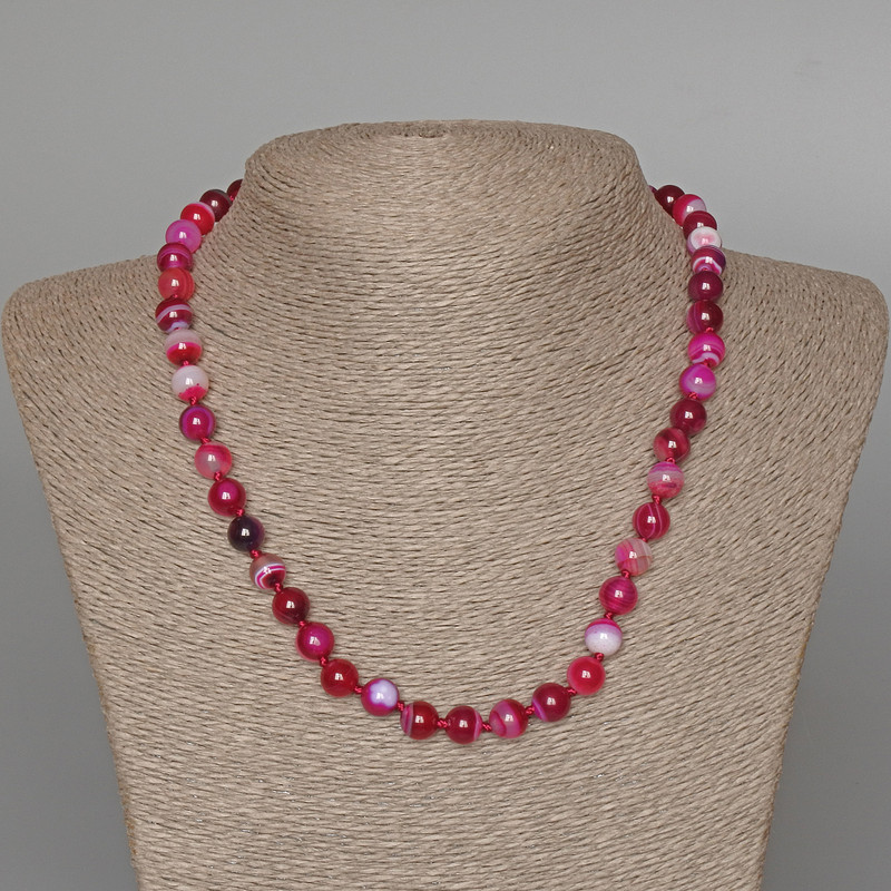 Raspberry Agate Beaded Necklace, Natural Stone, Smooth Beads, 8 mm Diameter, 47 cm Length