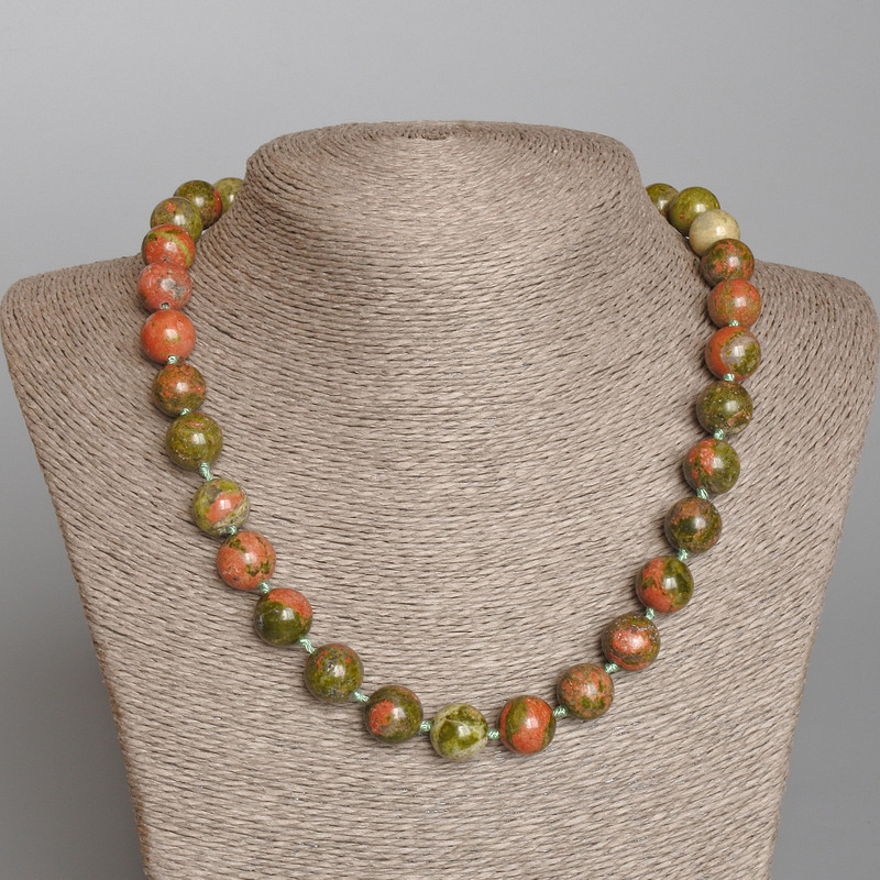 Jasper heliotrope necklace, natural stone, smooth beads, 12.5 mm diameter, 50 cm length
