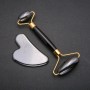 Set of Massage Tools: Natural Hematite Roller Massager (approximately 14 cm long) + Gua Sha Plate (5×8 cm ±), Golden Metal