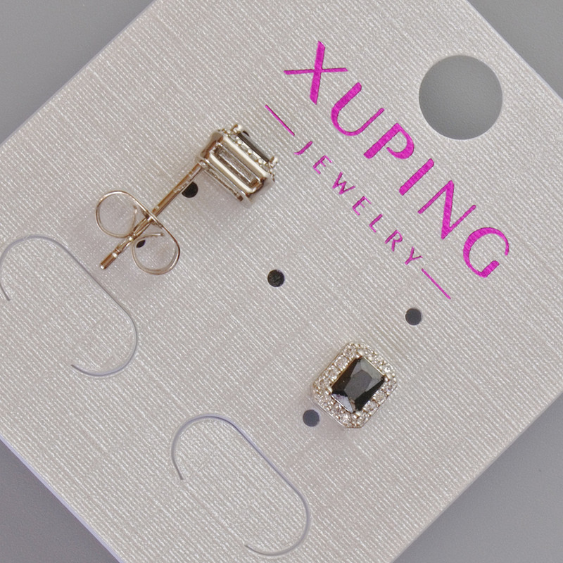 Xuping Stud Earrings with Black Crystal and White Rhinestones, Diameter 6.5×5.5 mm, Rhodium-Plated