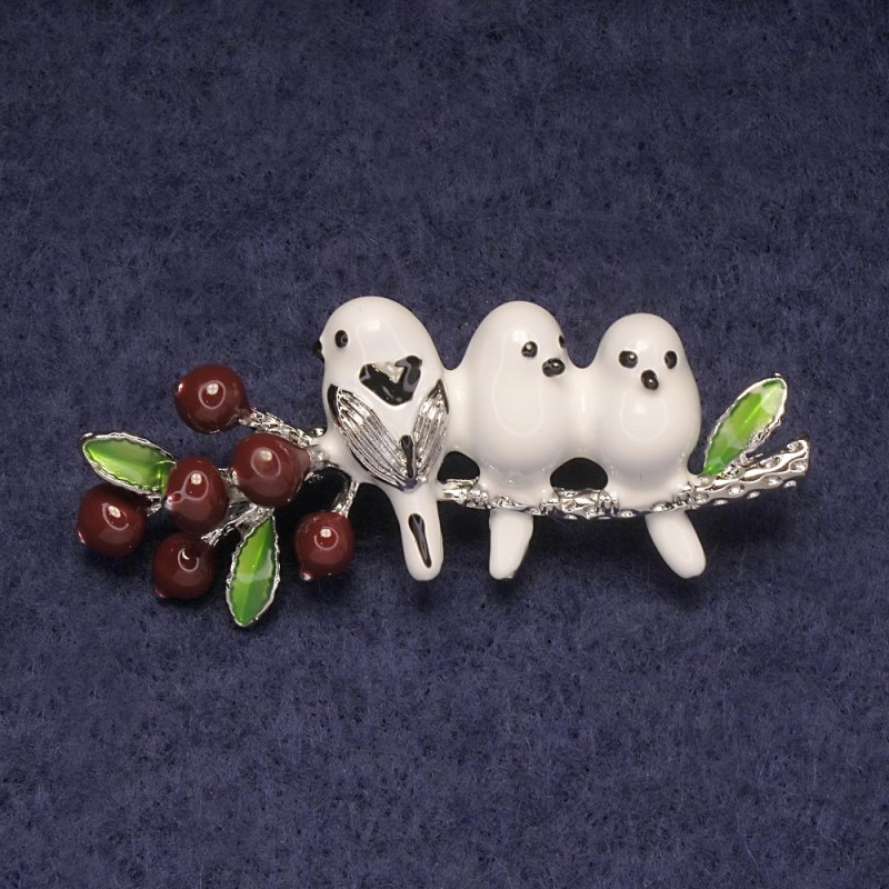 Birds on a Branch Brooch in white and brown enamel, silver-tone metal 21×55 mm