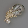 Brooch Feather Haliotis, white bead and crystals 51x25mm, gold-tone metal