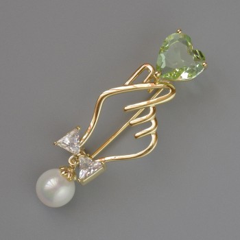 Brooch 'Symbol of Love' green and white crystals, white bead 45x16mm, gold-tone metal