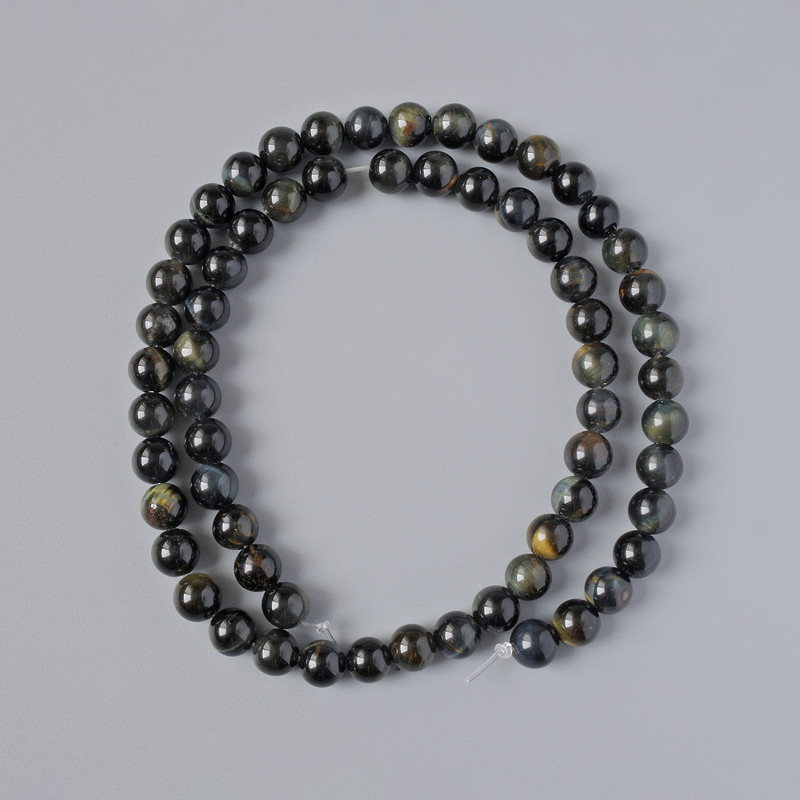 Falcon's Eye Beads — Natural Stone, Smooth Round Beads, 6.5 mm Diameter, 39 cm Length, On Thread