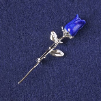 Blue Rose Brooch with Glitter - Plastic, Silver-Tone Metal 65x19mm+