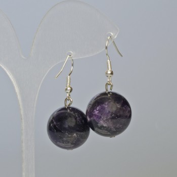Amethyst Earrings with Natural Stone Smooth Ball, 18mm Diameter ±, 38mm Length ±