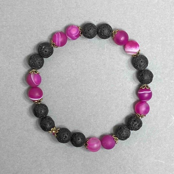 Lava and Agate Bracelet with Smooth Beads, 8 mm Diameter ± (Stretch), Length 18 cm ± with Metal Inserts