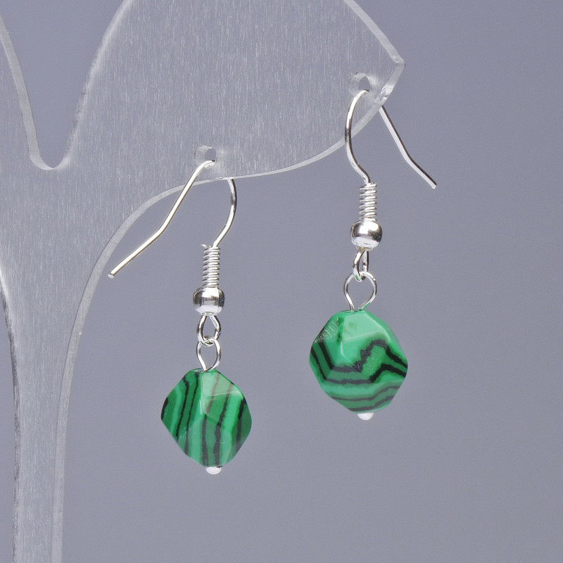 Malachite Earrings (Pressed) Faceted, diameter 8.5x10 mm+-, length 31 mm+-