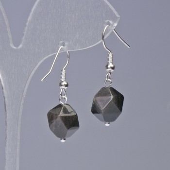 Earrings with Silvery Obsidian natural stone, faceted, diameter 10x12mm±, length 32mm±