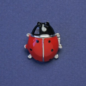 Ladybug Brooch red and black enamel with black crystals, silver-tone metal finish, 21x19 mm