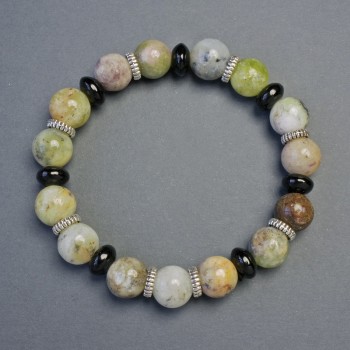 Bracelet with Green Opal Smooth Beads, 10 mm Diameter, Agate Rondelles, 8×4 mm, with Inserts, 18 cm Stretch