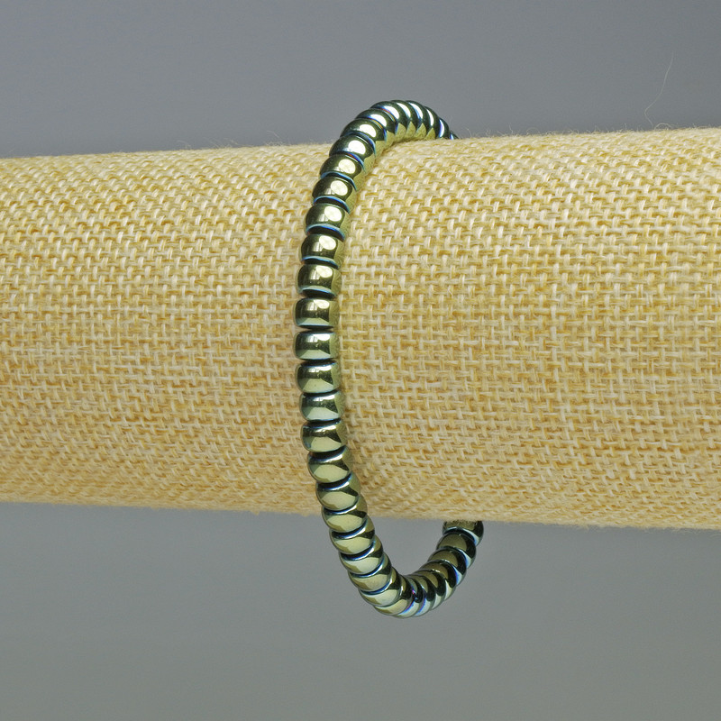 Hematite Rondelle Bracelet in Green Chameleon Color, 6×4 mm Diameter, 18 cm Length, Stretch