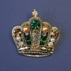 Brooch Crown with Green and Yellow Rhinestones and Pearls, 40x40 mm, +/- gold-tone metal