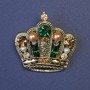 Brooch Crown with Green and Yellow Rhinestones and Pearls, 40x40 mm, +/- gold-tone metal