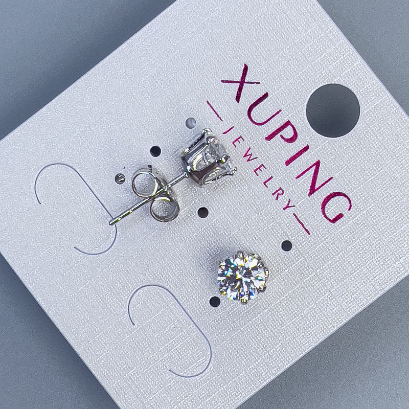 Xuping stud earrings with white stone in crown setting, 6mm ±, rhodium-plated