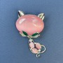 Cat Brooch with Pink Cat's Eye, White Crystals, Silver-Colored Metal, 34x58 mm+