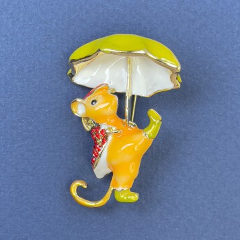 Brooch Misha with red rhinestones and enamel in yellow, orange, and white on gold-tone metal 29×40 mm+