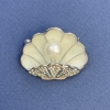 Shell Brooch with Pearl and White Crystals, Silver-Tone Metal 34x29mm+