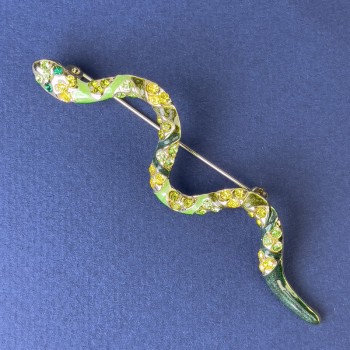 Brooch 'Snake' green enamel rhinestones gold-tone metal 82x23mm+