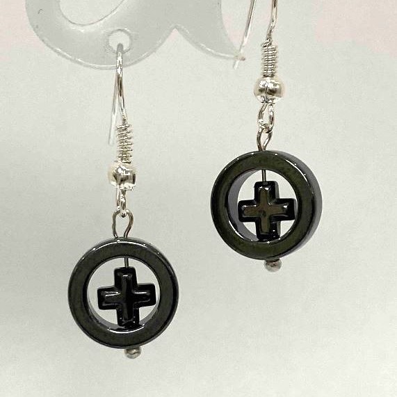 Hematite Earrings 'Cross in a Circle', diameter 12mm±, length 33mm±