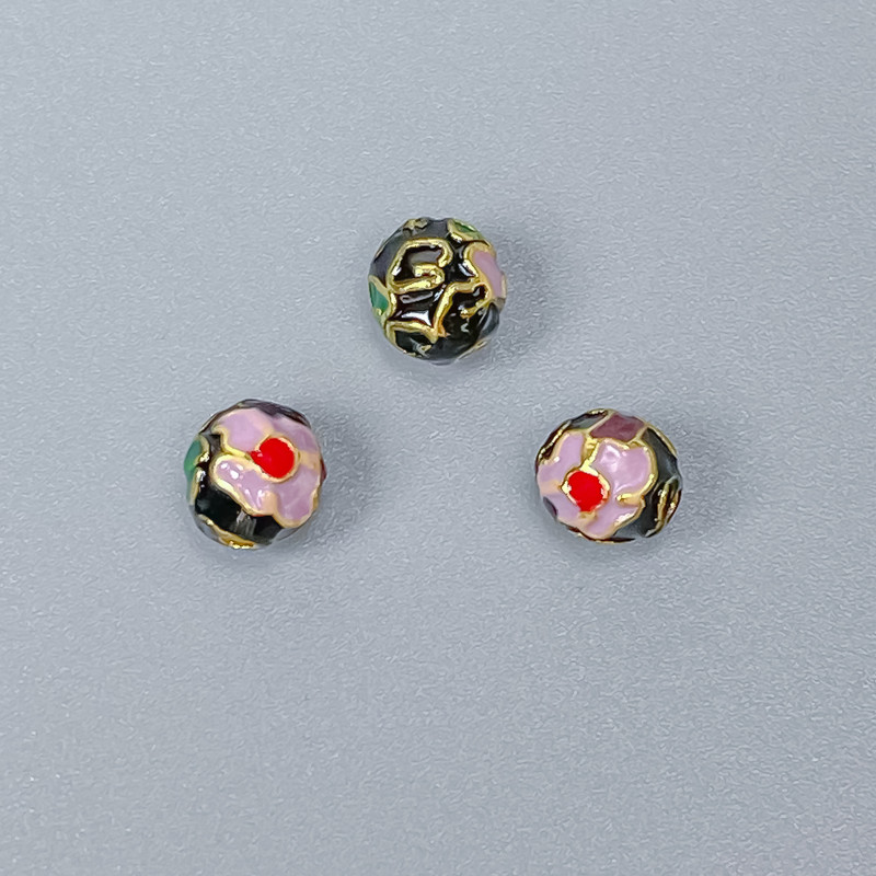 Cloisonné Bead in Black, Purple, and Green Enamel, 6 mm diameter, 1 mm hole, gold-tone metal, 1 pc