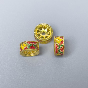Bead Cloisonné Rondelle Red, Yellow and Green Enamel, Gold-Tone Metal, 10x5mm, Hole 2mm, 1 pc
