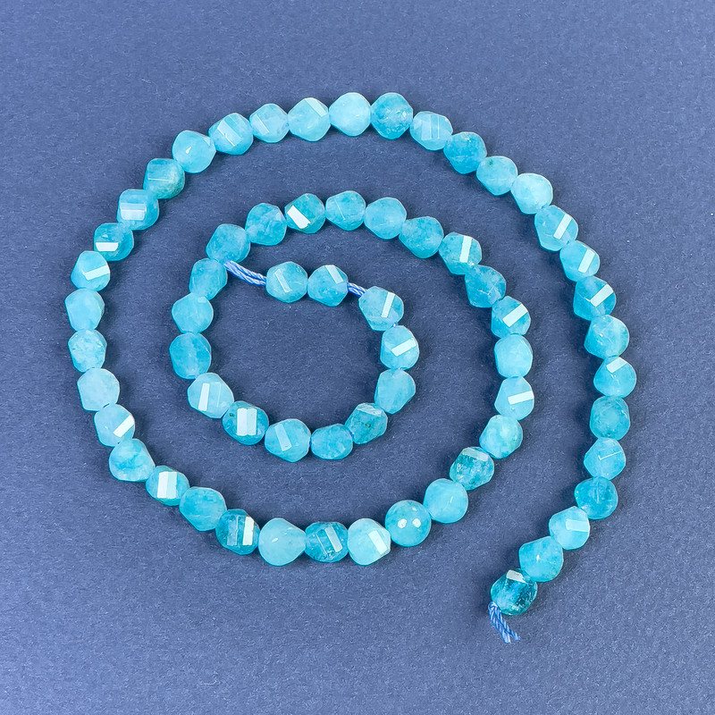 Aquamarine Beads, Faceted Diamond Shape, 6x5 mm, on Thread, Length 39 cm