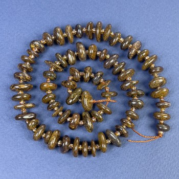 Bronzite Beads, Tumbled 8–10×4 mm, with seed beads on thread, length 40 cm