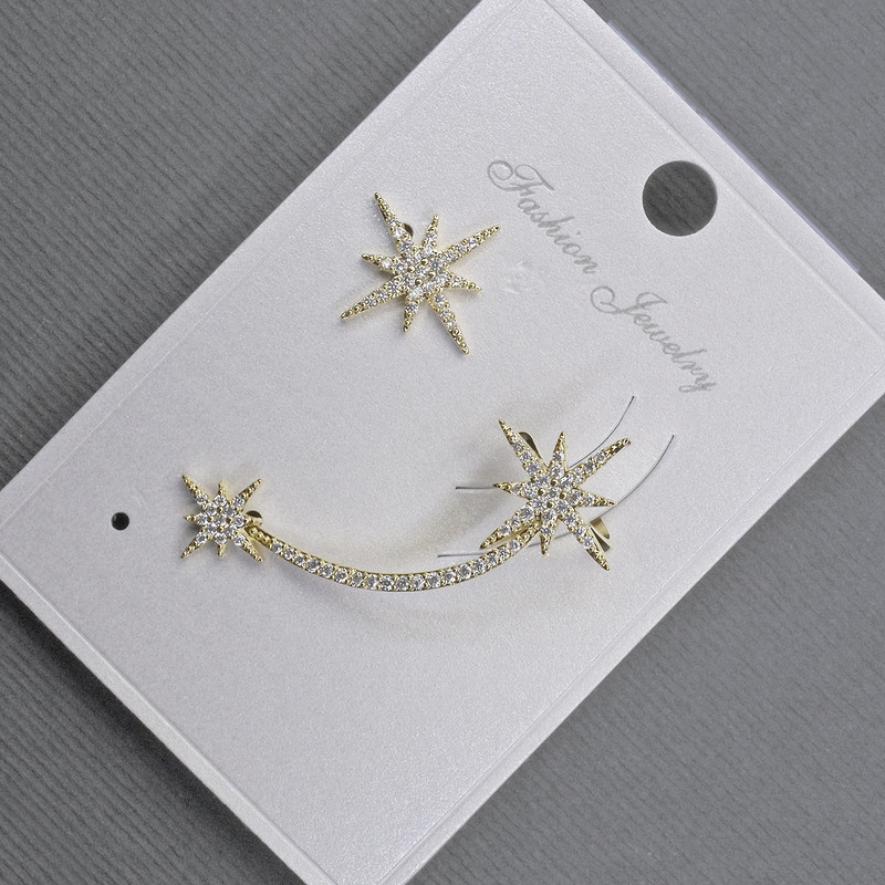 Stud Earrings with kaf on the earlobe, gold-tone metal, 13×37 mm ± white crystals