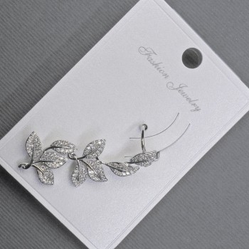 Cafe-style stud earring for pierced ears in silver-tone metal, 14x38 mm ± white crystals