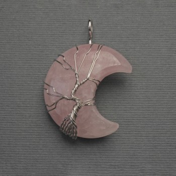 Moon Pendant with Pink Quartz in a Silver-Plated Weave, diameter 35mm ±, length 45mm ±