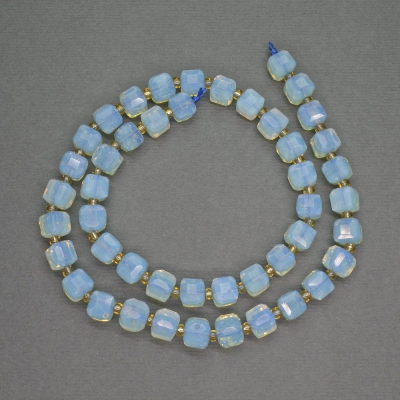 Opalite Moonstone Beads (synthetic) Faceted Cubes, 7mm diameter +/- Seed Beads 3mm diameter +/-, Length 39cm +/-