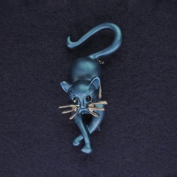 Blue Cat Brooch with Rhinestones