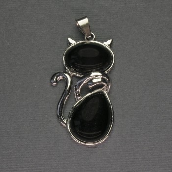 Cat Pendant with Agate 25x51mm - Silver-tone Metal