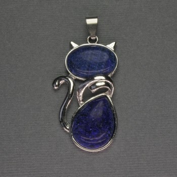Cat Pendant with Lapis Lazuli 25×51 mm ± Silver-Toned Metal