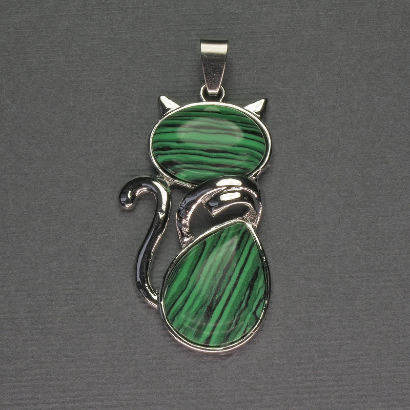 Cat Pendant with Malachite 25×51 mm, Silver-Colored Metal