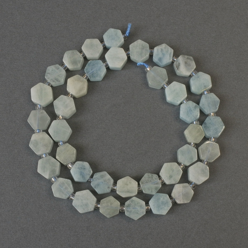 Aquamarine 'Honeycomb' Beads, diameter 8.5 mm +/- with 3 mm seed beads +/-, length 40 cm +/- on a thread
