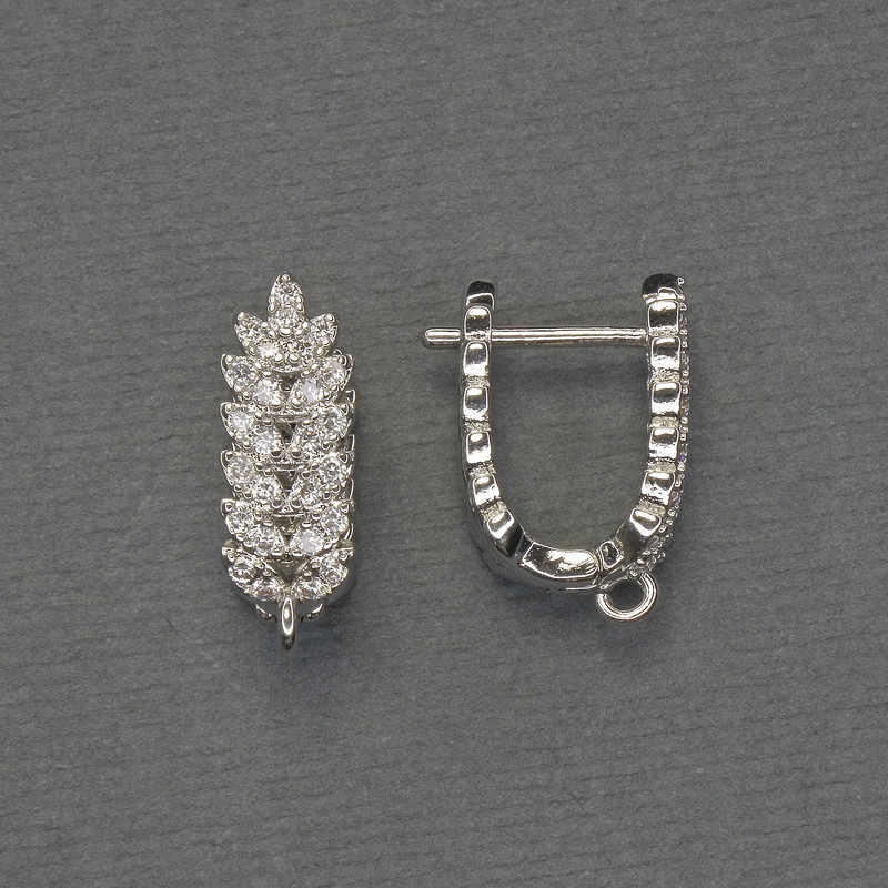 Ear hooks for earrings with white rhinestones, silver-tone metal, 18x6.5 mm, pair