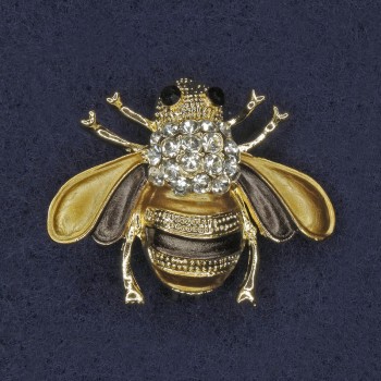 Bee Brooch with golden-brown enamel, white and black crystals, gold-tone metal, 25x30mm+