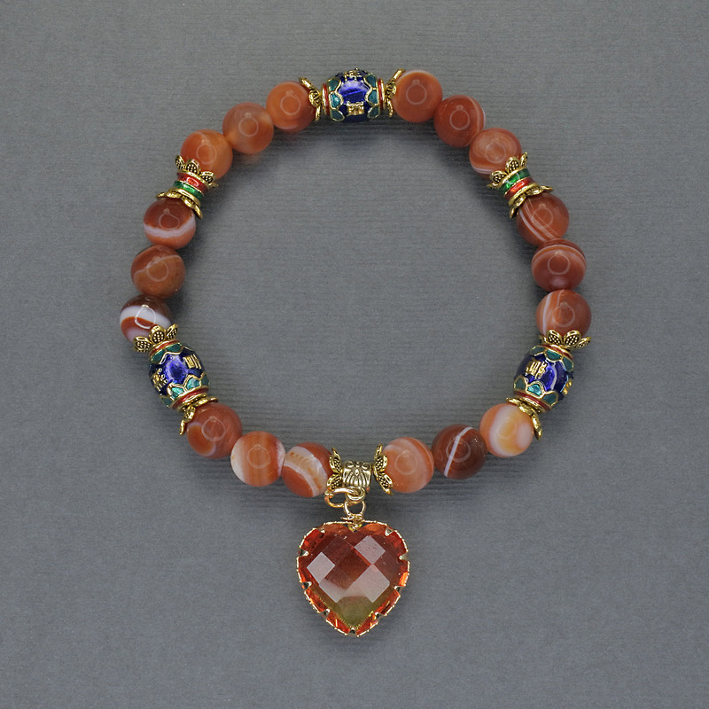 Orange Agate Bracelet with Smooth Beads, 8 mm Diameter, Cloisonné 10×8 mm, 18 cm Stretch
