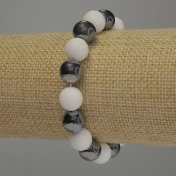 Agate and Hematite Bracelet with Smooth Beads, 10 mm Diameter, 18 cm Length, Stretch