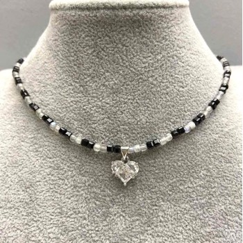 Choker with Tourmaline and Labradorite, Faceted Cube 3mm ±, with Heart Pendant 12mm ±, Length 38 cm ± with Extender Chain