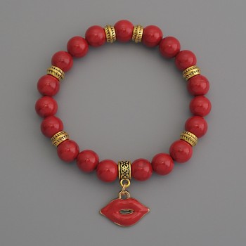 Bracelet Coral (artificial) - smooth beads, 8 mm diameter, with metal accents, 18 cm long, stretch