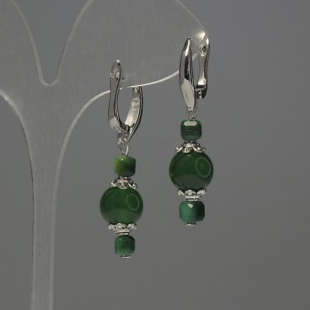 Earrings Chrysoprase bead, diameter 10 mm ± Cat's Eye faceted cube 4 mm ±, length 40 mm ±