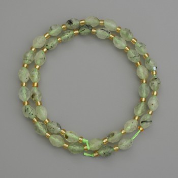 Natural Stone Beads, Prehnite, Faceted Grain, 8x6 mm Diameter ±, with 3 mm Seed Beads ±, Length 38 cm ±