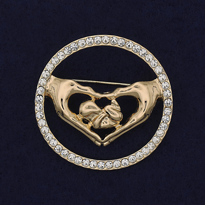 Heart Brooch with White Crystals, Golden Metal 38mm+