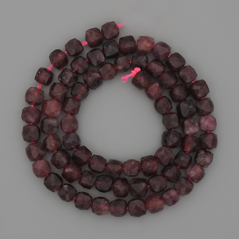 Tourmaline Rubellite Beads on a Thread, Faceted Cube, 5 mm Diameter, 37 cm Length