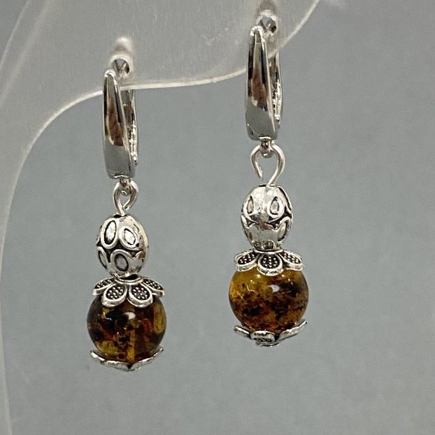 Amber Bead Earrings, 8 mm diameter, approx. 35 mm long