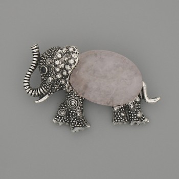 Elephant brooch pendant with pink quartz 45x27 mm +/- black inlays, silver-colored metal