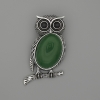 Brooch-Pendant Owl with Chrysoprase 45×25 mm ± black crystals, silver-tone metal